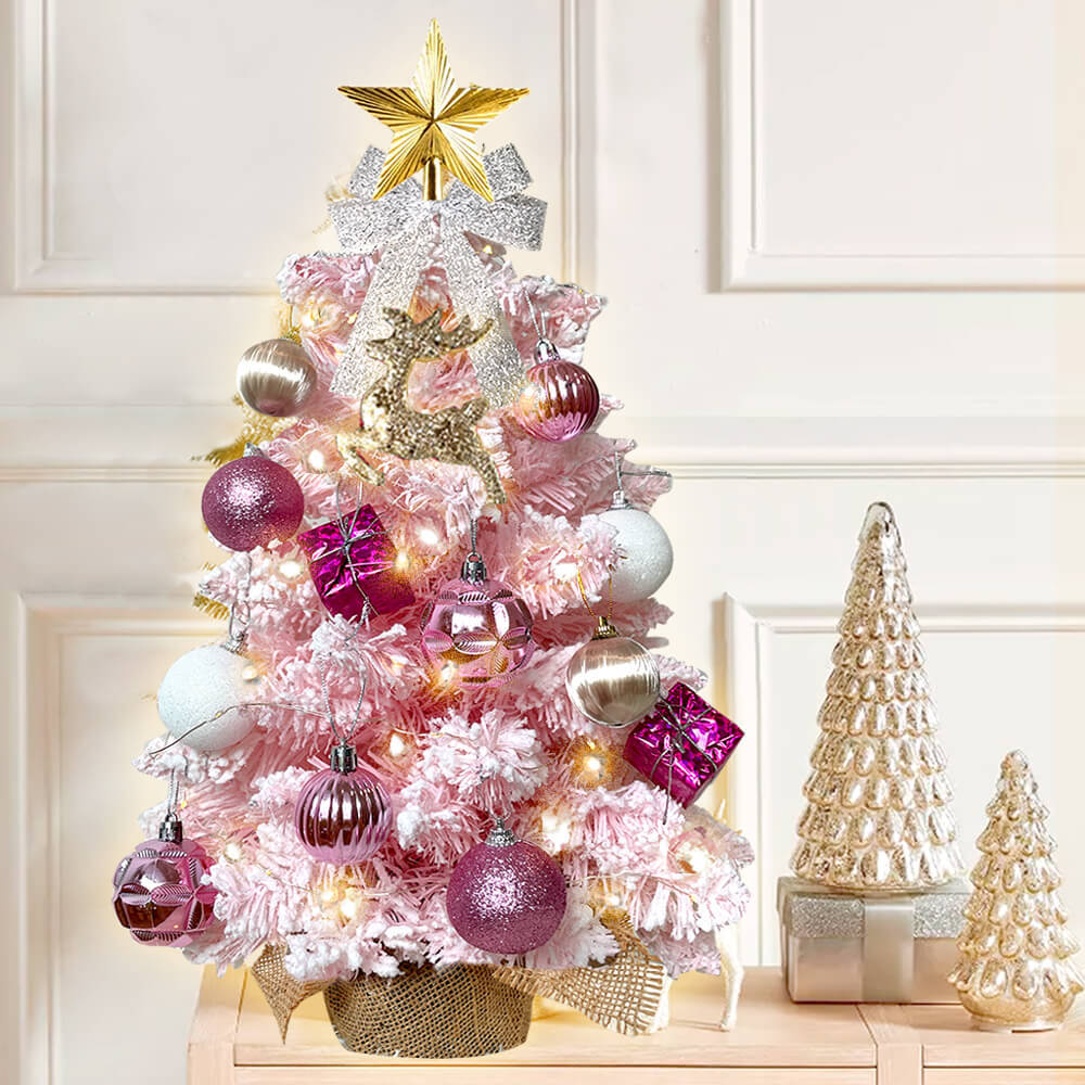 60 cm mini Christmas tree with lights artificial small tabletop Christmas decoration with flocked snow, exquisite decoration and Christmas balls for tabletop for home and office
