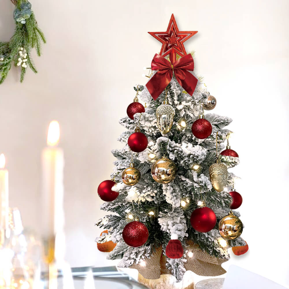 60 cm mini Christmas tree with lights artificial small tabletop Christmas decoration with flocked snow, exquisite decoration and Christmas balls for tabletop for home and office - Image 2