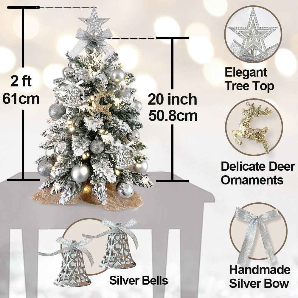 60 cm mini Christmas tree with lights artificial small tabletop Christmas decoration with flocked snow, exquisite decoration and Christmas balls for tabletop for home and office - Image 3