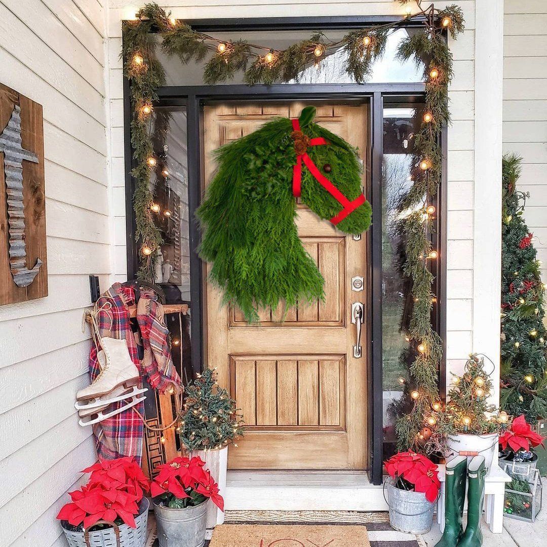 Farmhouse Double Horse Head Christmas Wreath Decoration Simulation Pine Branches - Image 2
