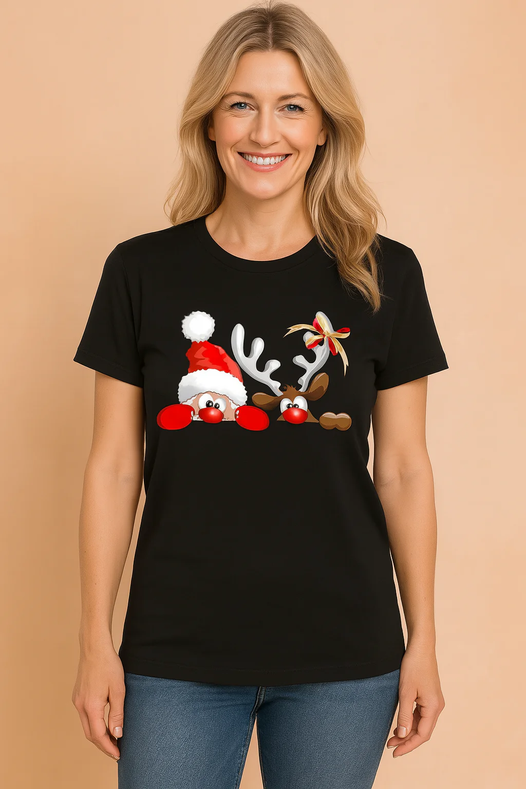 Glenda | Christmas t-shirt with a reindeer in a Christmas hat - Image 3