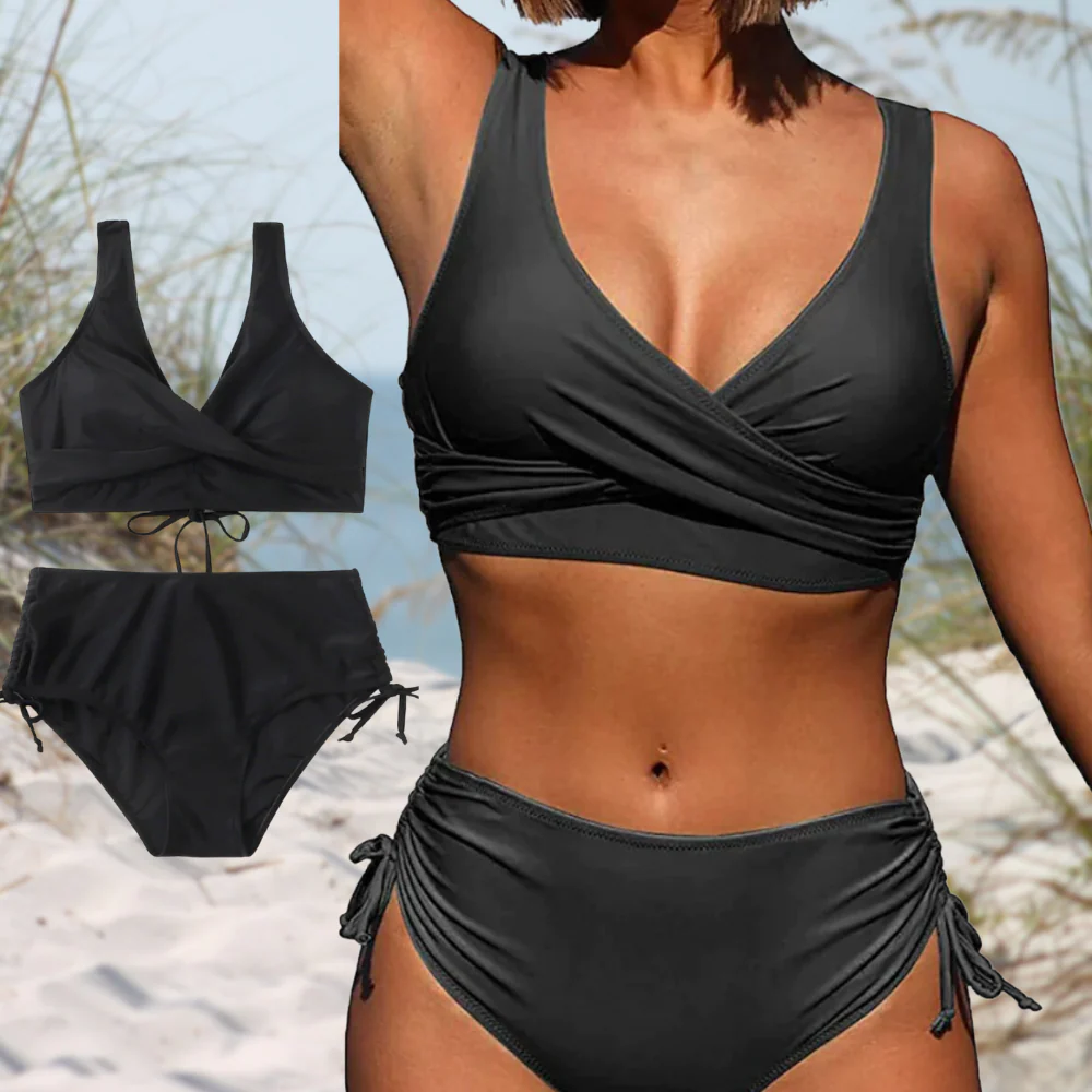 High-waisted bikini set with adjustable straps and timeless design