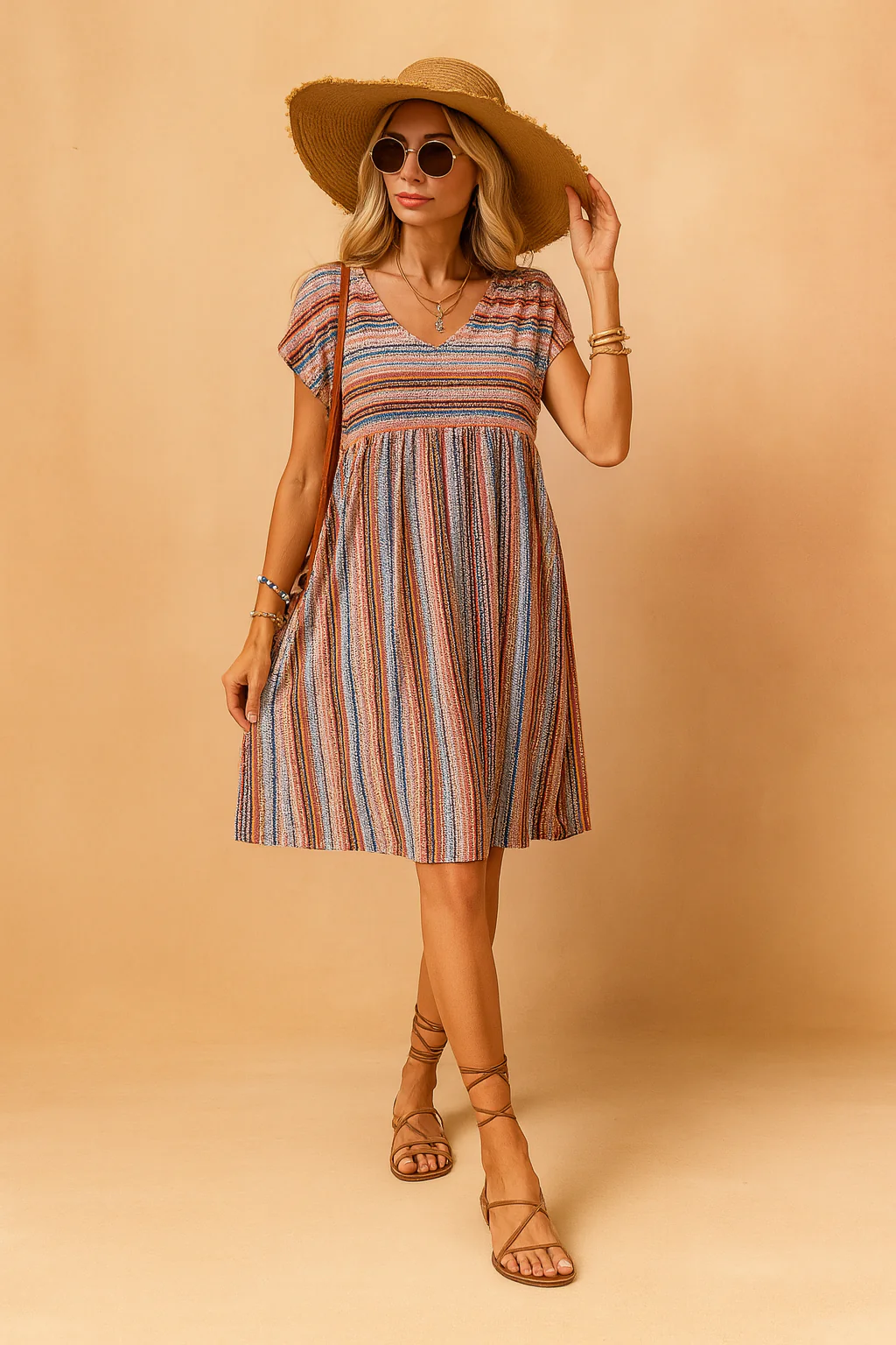 Josie | Stylish and Flowy Boho Striped Mini Dress - Image 3
