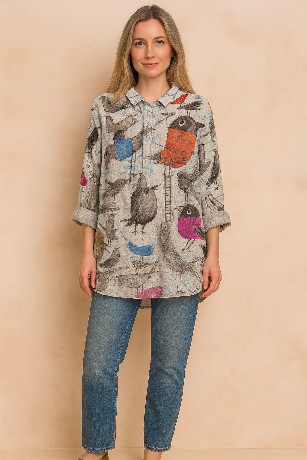 Lillian | | Loose-fitting shirt with a charming bird motif