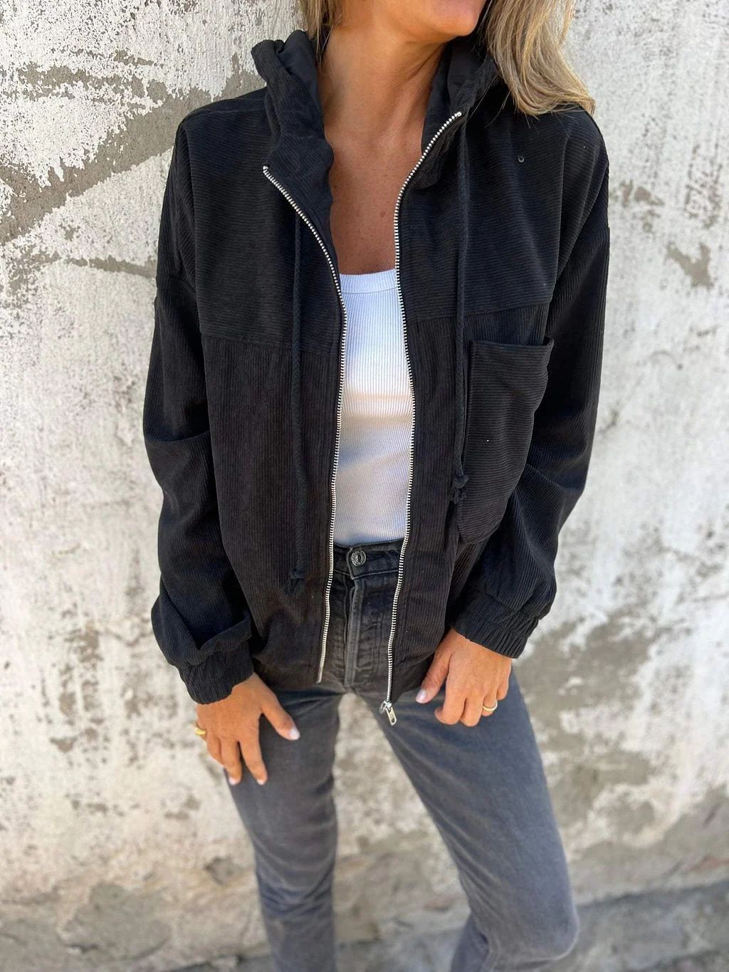 Women's Casual Hooded Jacket Comfortable Corduroy Polyester Street Fashion - Image 3
