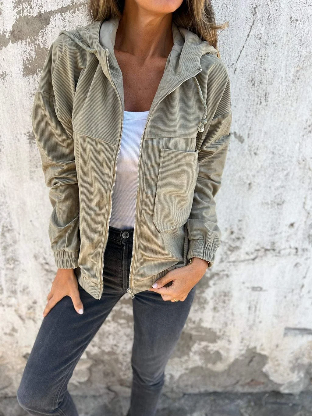 Women's Casual Hooded Jacket Comfortable Corduroy Polyester Street Fashion - Image 4