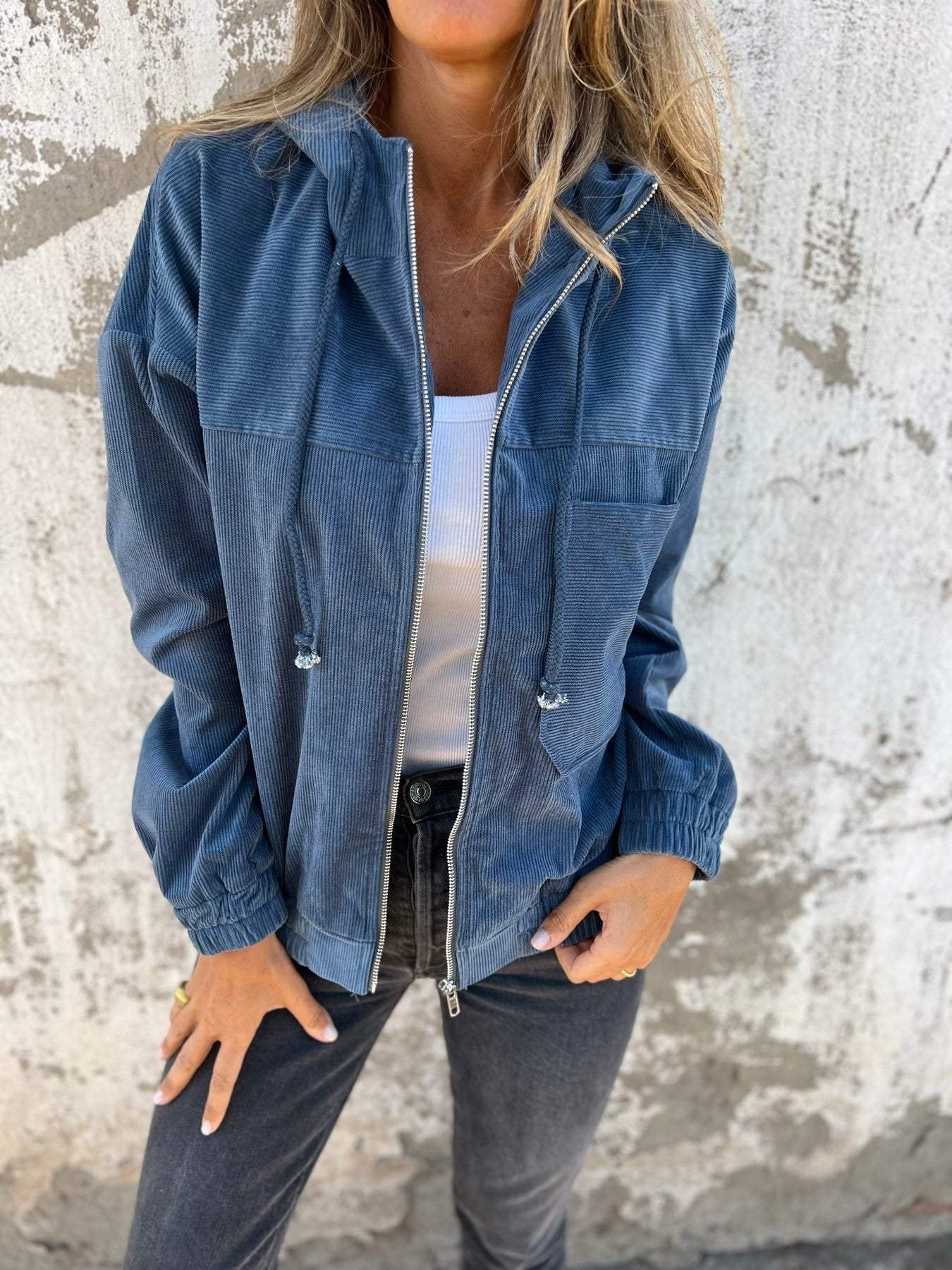 Women's Casual Hooded Jacket Comfortable Corduroy Polyester Street Fashion - Image 5